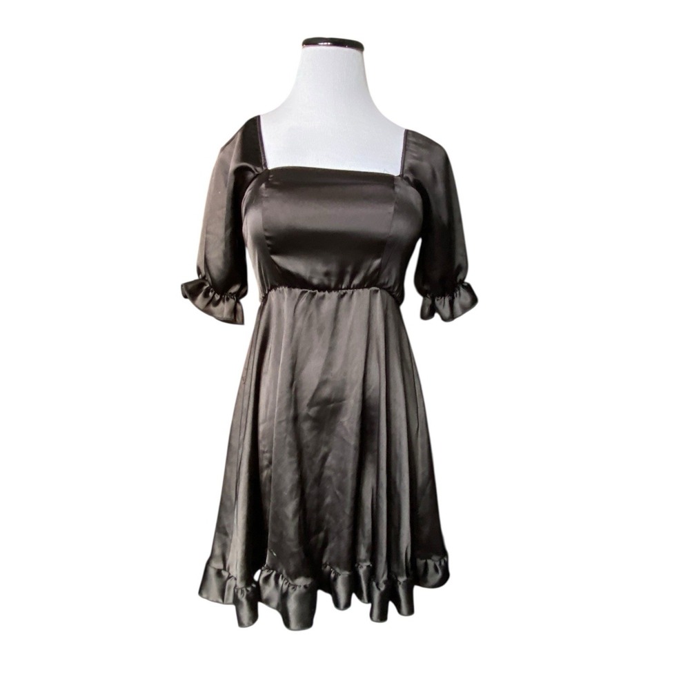 Foxblood Black Satin Puff Sleeve‎ Babydoll Dress Size XS Fairy Grunge Whimsygoth